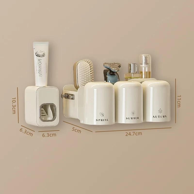 Wall Mounted Toothbrush Holder with Cup Automatic Toothpaste Squeezer Dispenser Suction Cup Bathroom Storage Rack Box for Family