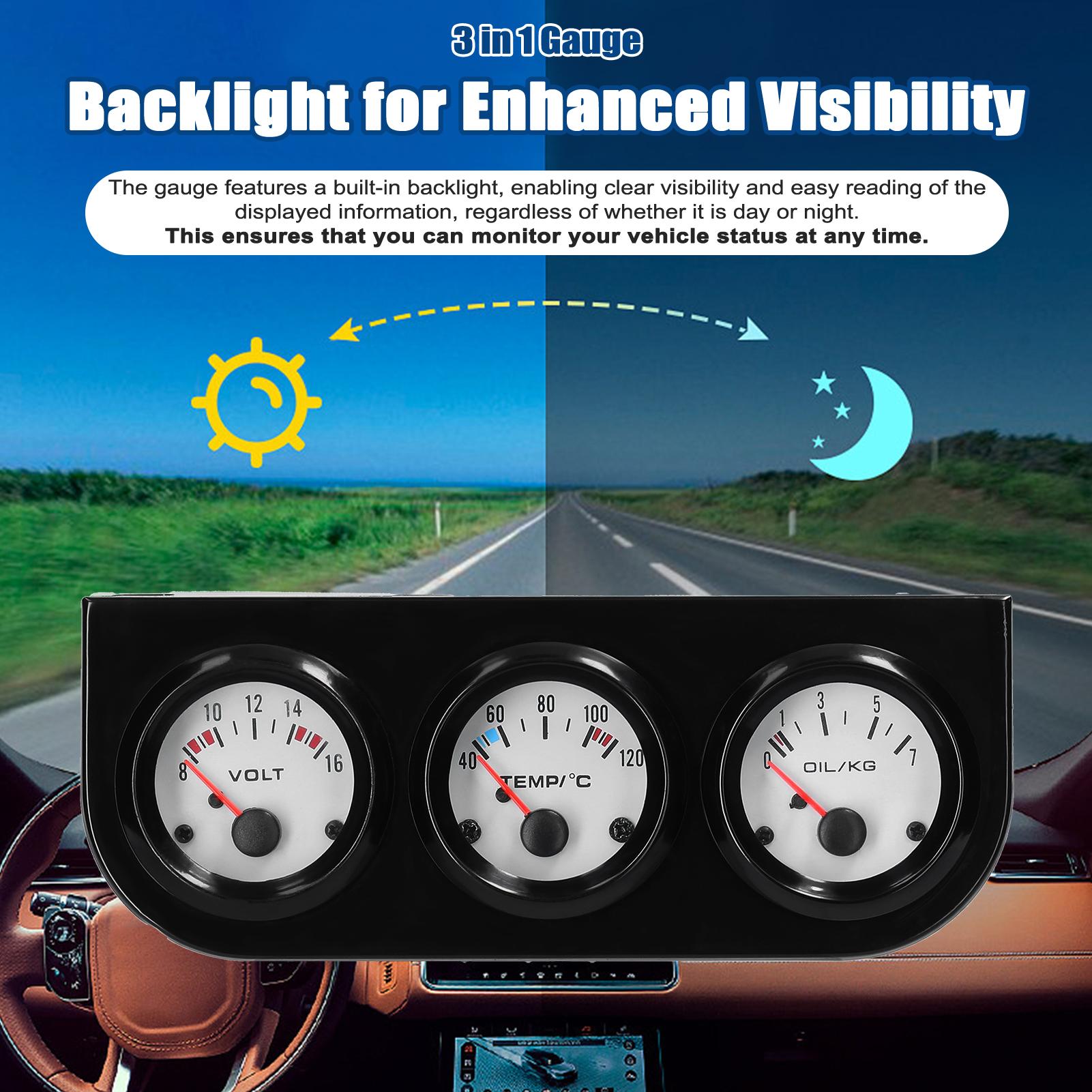 3 in 1 Car Gauge Kit Backlit Triple Car Gauge Monitor for Vehicles Black