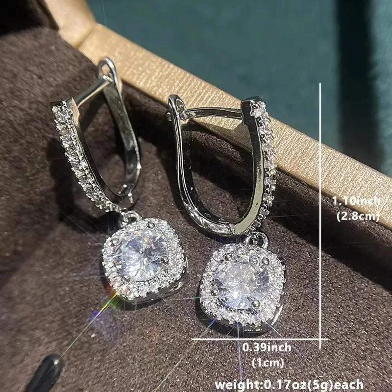 4-claw Square Shiny Zircon Inlaid Dangle Earrings Elegant Temperament Silvery Plated Material Exquisite Gift For Women Girls