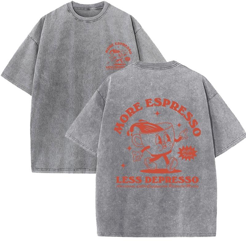 More Espresso Less Depresso Letter Cup Drink Print Washed Womens Tee Shirt Cotton T-Shirts New Breathable Clothes All-Match  Top