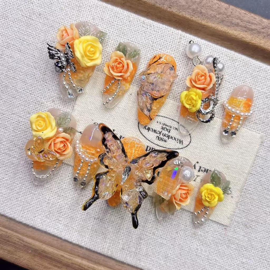 Yellow Butterfly Elegant Almond-Shaped Handmade Fake Nail Tips