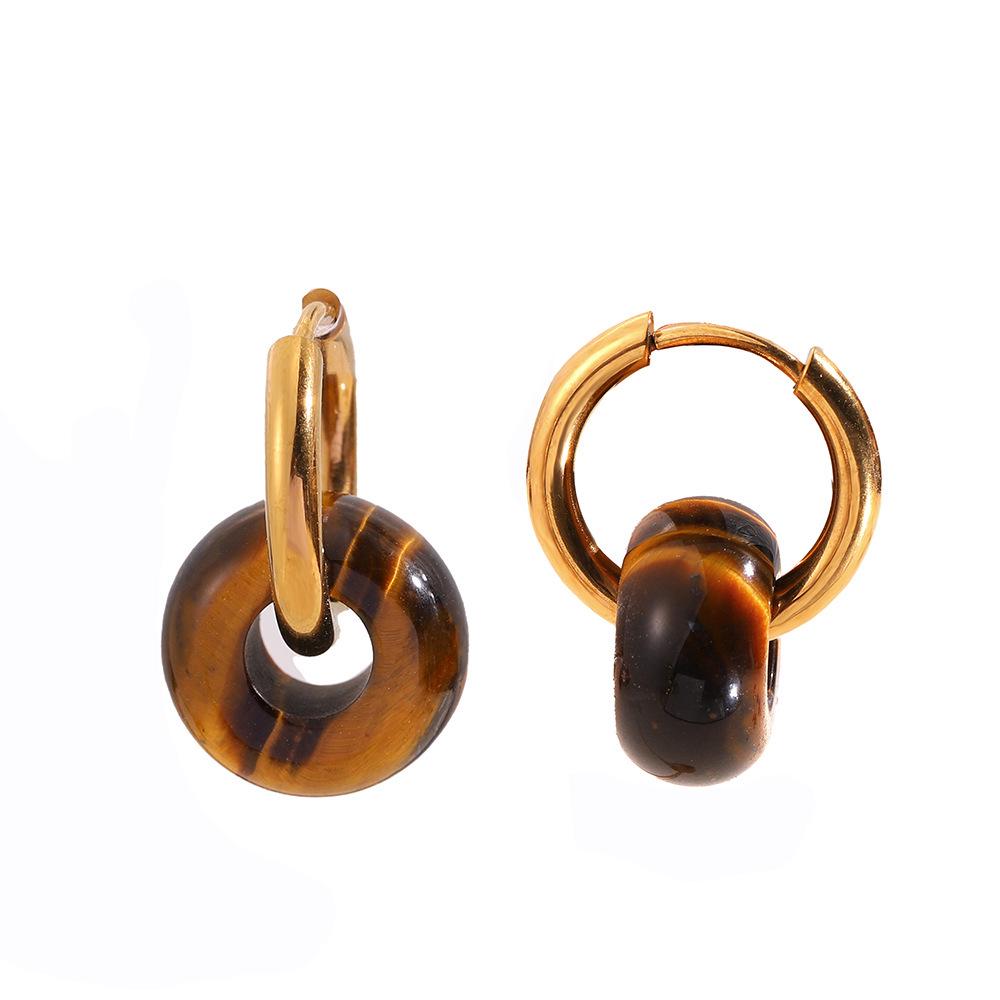 18k Gold-Plated Stainless Steel Hoops with Natural Agate, Amber, and Tiger Eye Earrings