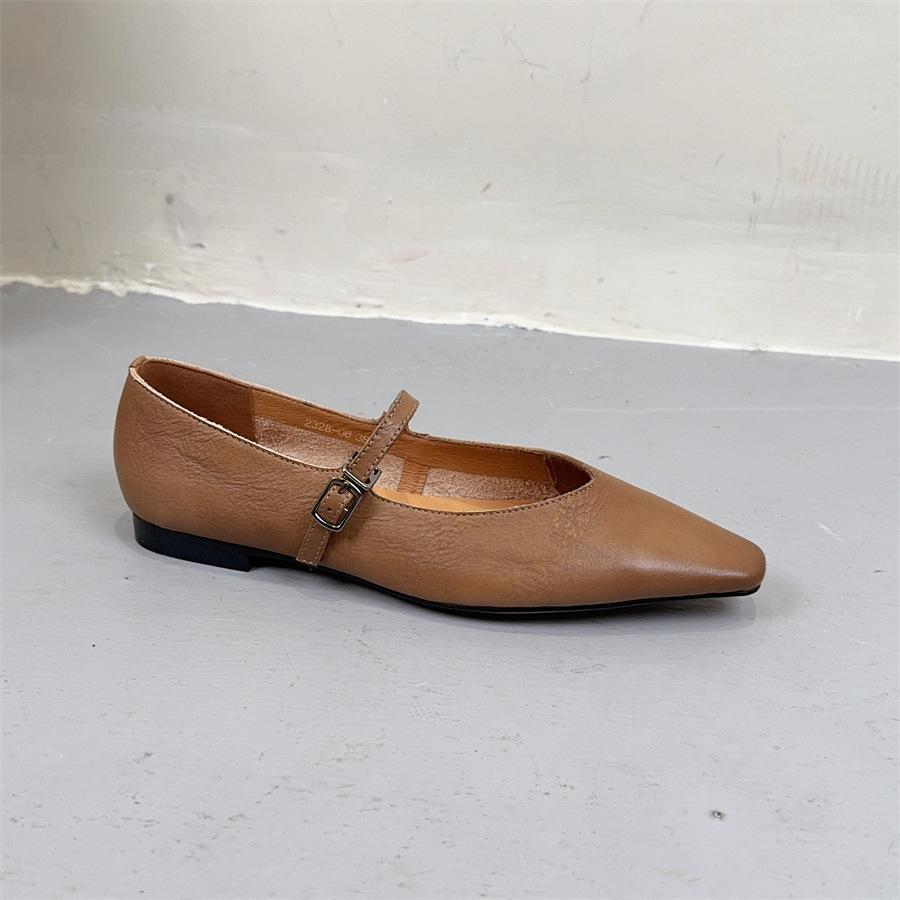 Johnature Versatile Genuine Leather Shoes Pointed Toe Buckle Strap Soft Soled Women's Flat Shoes