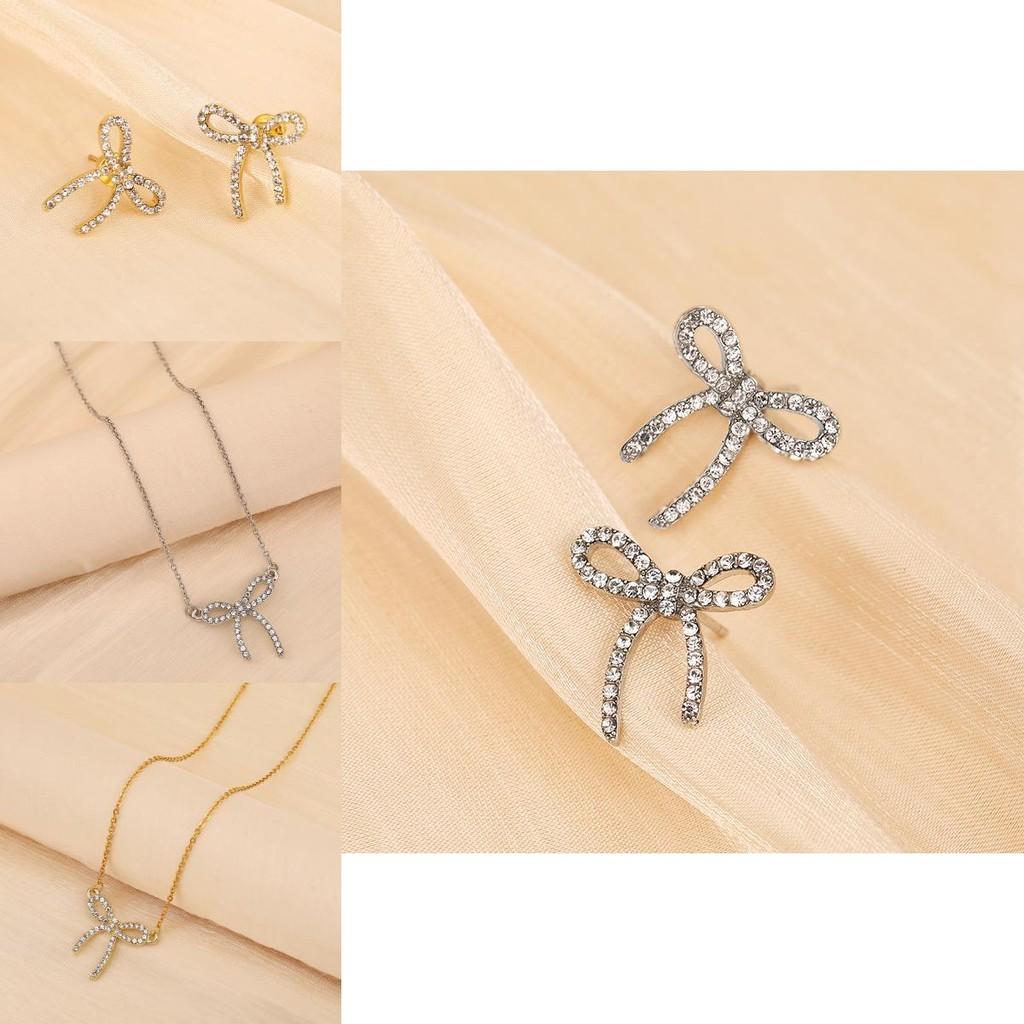 Chic Titanium Steel Bow Pendant Necklace For Women With Dazzling Diamond Inlay