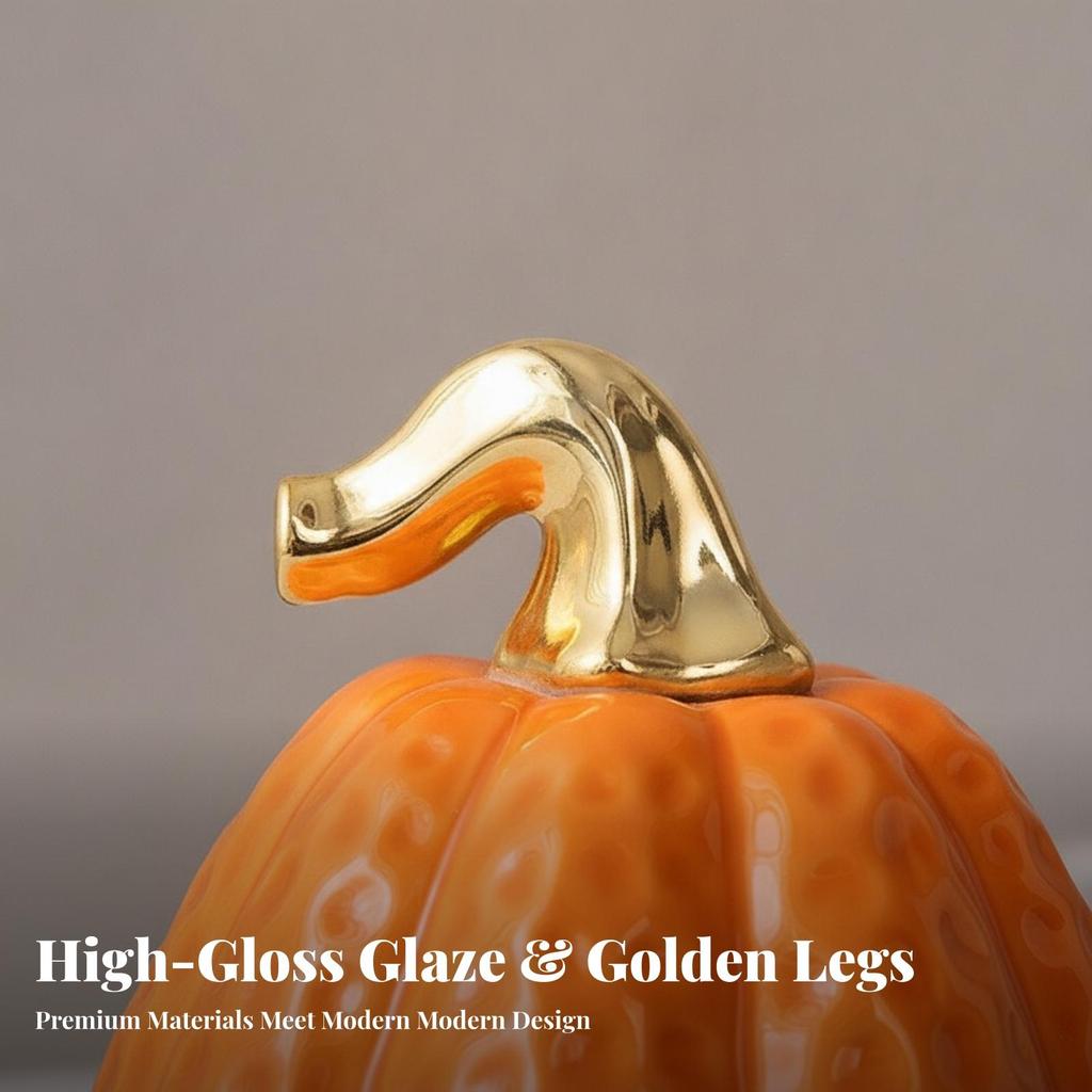 Ceramic Pumpkin Figurine Ribbed Thanksgiving for Desk