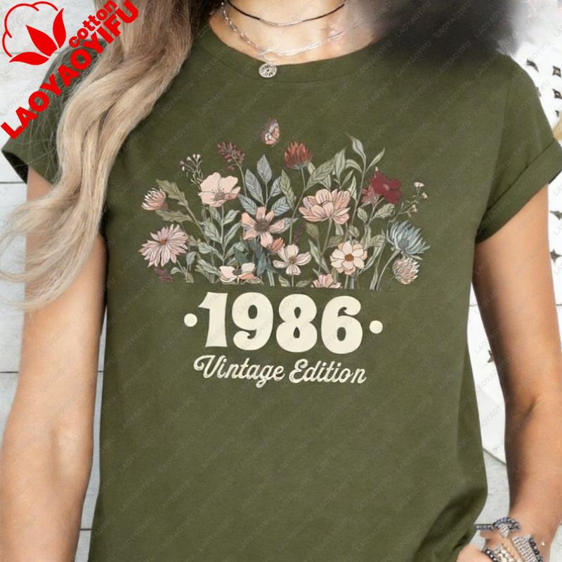 40th Birthday Shirt Flower 1986 Birth Year Number For Wounisex Graphic Tshirt Turning 40 Plus Gift Crewneck Shortsleev Tops