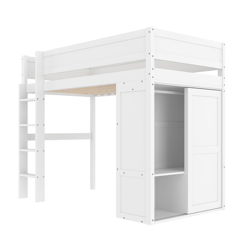 90*200Cm loft bed, versatile children's bed, equipped with wardrobe, storage compartment, open under-bed space, without mattress, pine wood, white