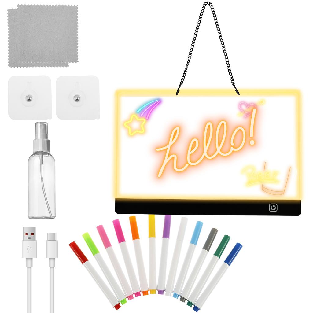 LED Note Board with Colors, Acrylic Dry Erase Board with LED Light, Include, Hanging Chain, Led Drawing Board for Kids Xmas Gift