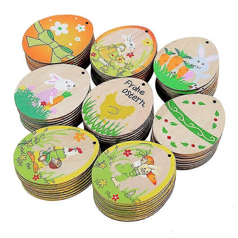 10pcs Wooden Easter Pendants Diy Painted Bunny Eggs Hanging Ornament Wood Slices For Home Decor Happy Easter Party Supplies Gift 25-26