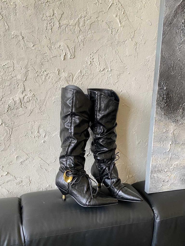 2025 autumn and winter new fashion niche string rope cone heel pointed western cowboy boots stacking boots boots long boots