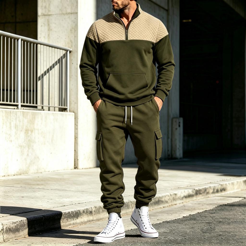 Men's Lined Track Suit with Stand Collar - Casual Color Block Sweatshirt and Pants Set, Loose Fit Two Piece Outfit for Fall Winter Outdoor