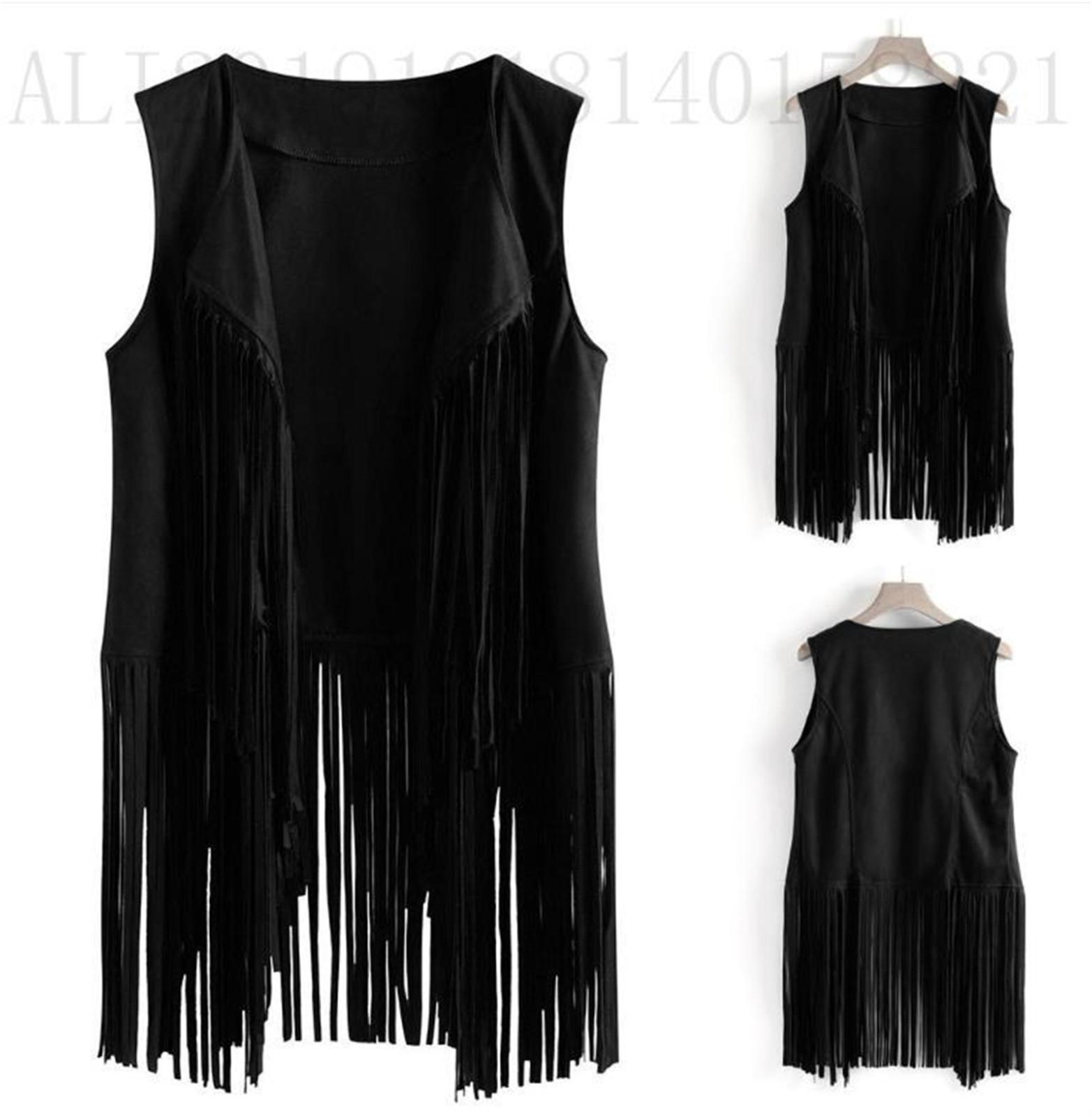 Hcj (ZO)Damesmode herfst winter su&egrave;de etnische mouwloze kwastjes vest vest met franjes XXL zwart