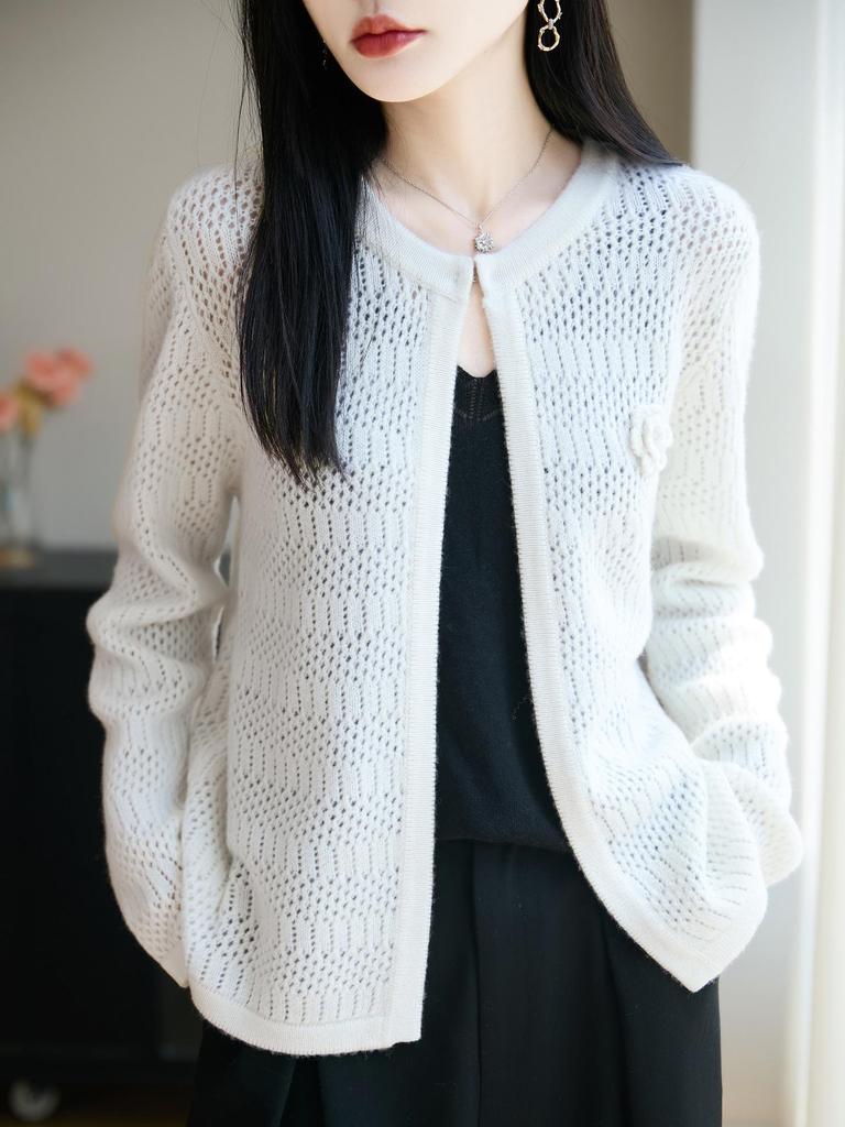 2025 Women's Round Neck Wool Shawl Cardigan: Hollow Out, Loose Fit, Versatile Long Sleeve Outerwear