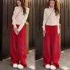 2026 Spring Red Rhinestone Baby's Breath Slimming Plus Velvet Wide Leg Cropped Pants