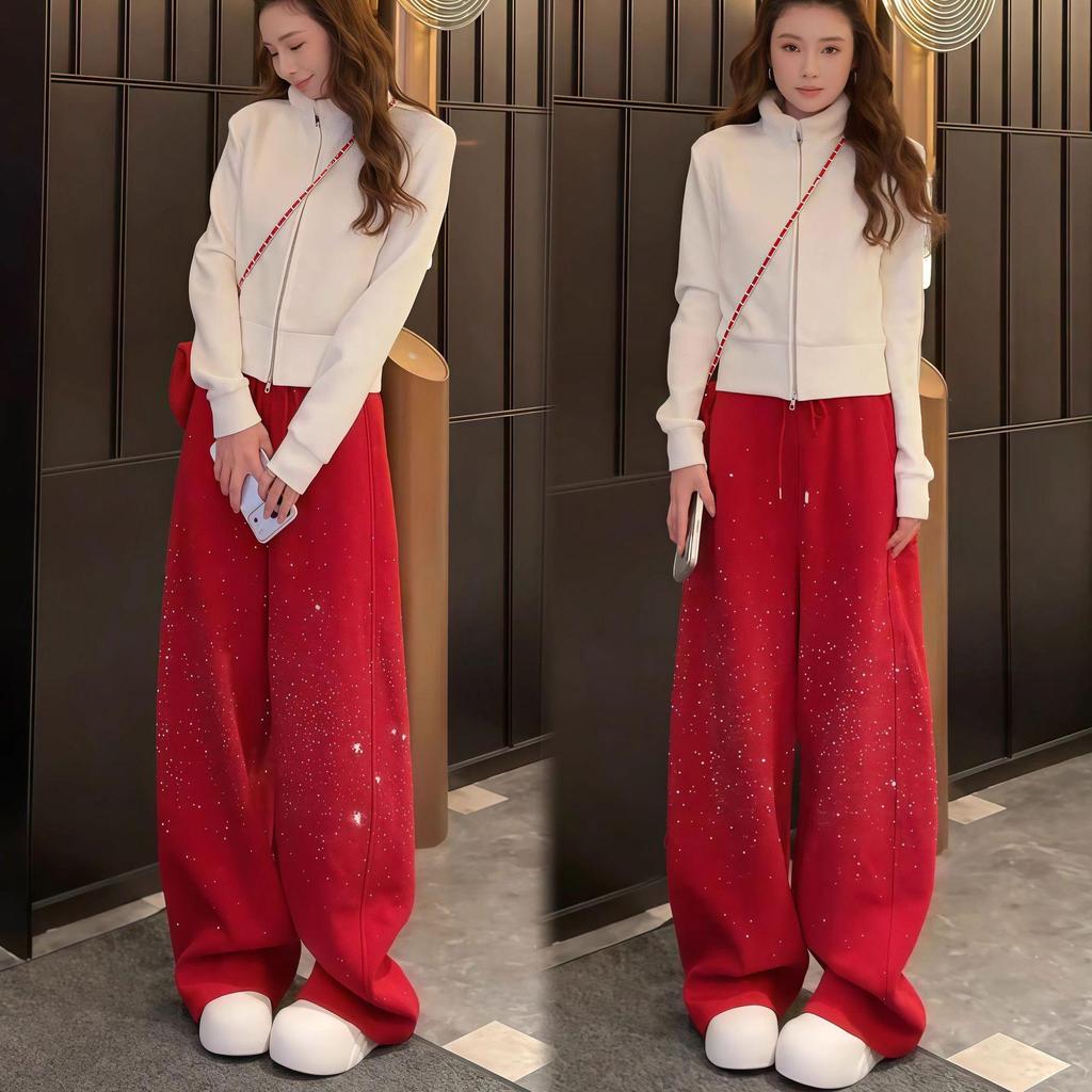 2026 Spring Red Rhinestone Baby's Breath Slimming Plus Velvet Wide Leg Cropped Pants