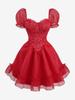 Rosegal Gothic Puff Sleeves Rose Flower Jacquard Organze Layered A Line Dress