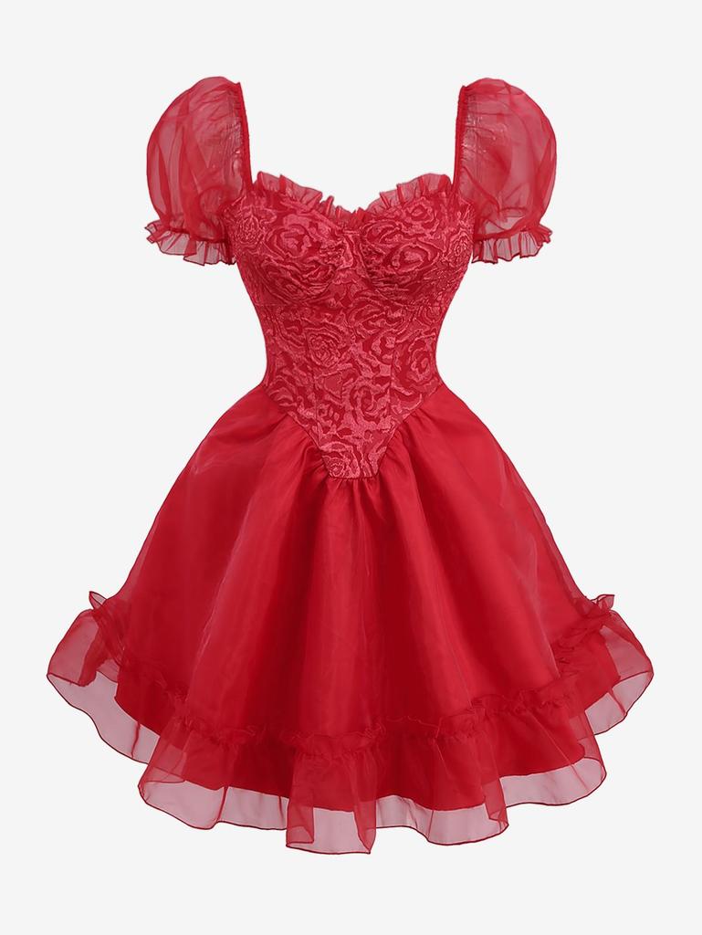 Rosegal Gothic Puff Sleeves Rose Flower Jacquard Organze Layered A Line Dress