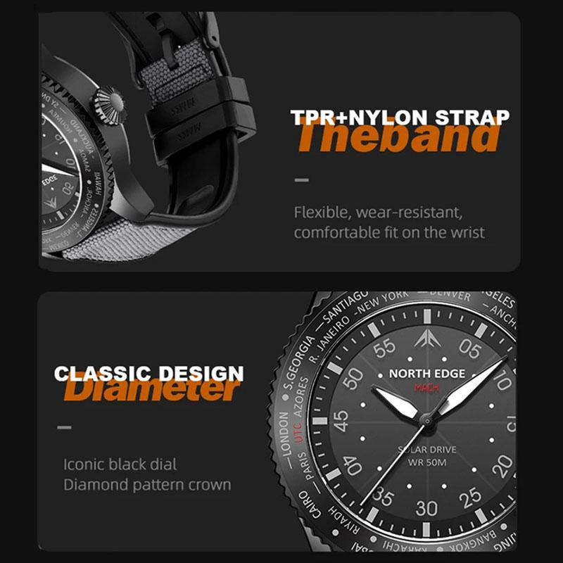 NORTH EDGE MACH Solar Power Quartz Watch Men Waterproof 50M Men's Pilot Sports Wristwatches Luminous Enviormentally Clock