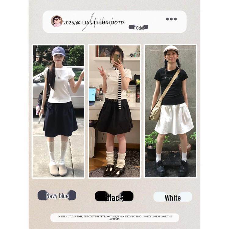 Navy Blue Japanese-Style A-Line Midi Skirt for Women - Summer 2025, High-Waisted, Casual Versatile College Style