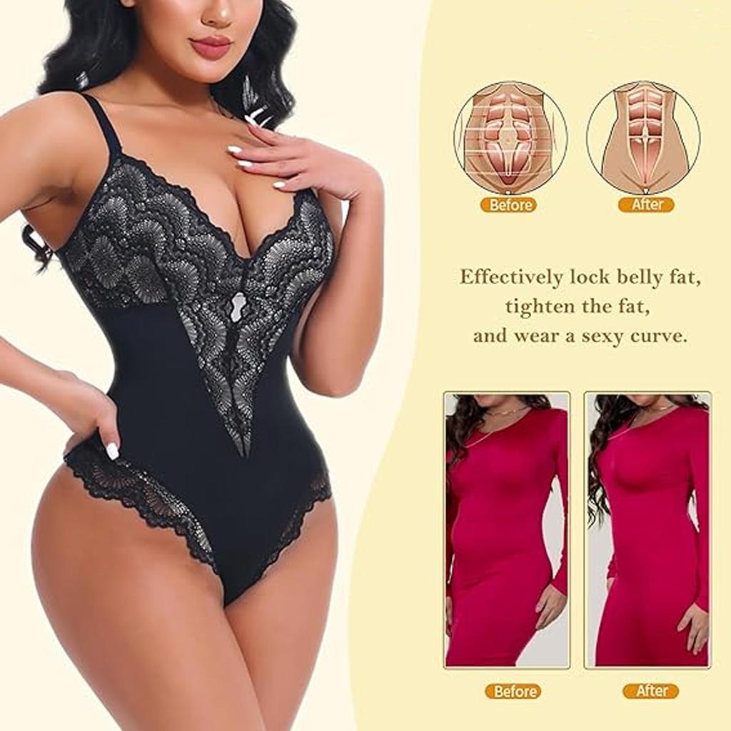 Lace Shapewear Bodysuit for Women Tummy Control Full Body Shaper V-Neck Backless Tank Tops One Piece Body Shaper Thong Sculpting Bodysuit