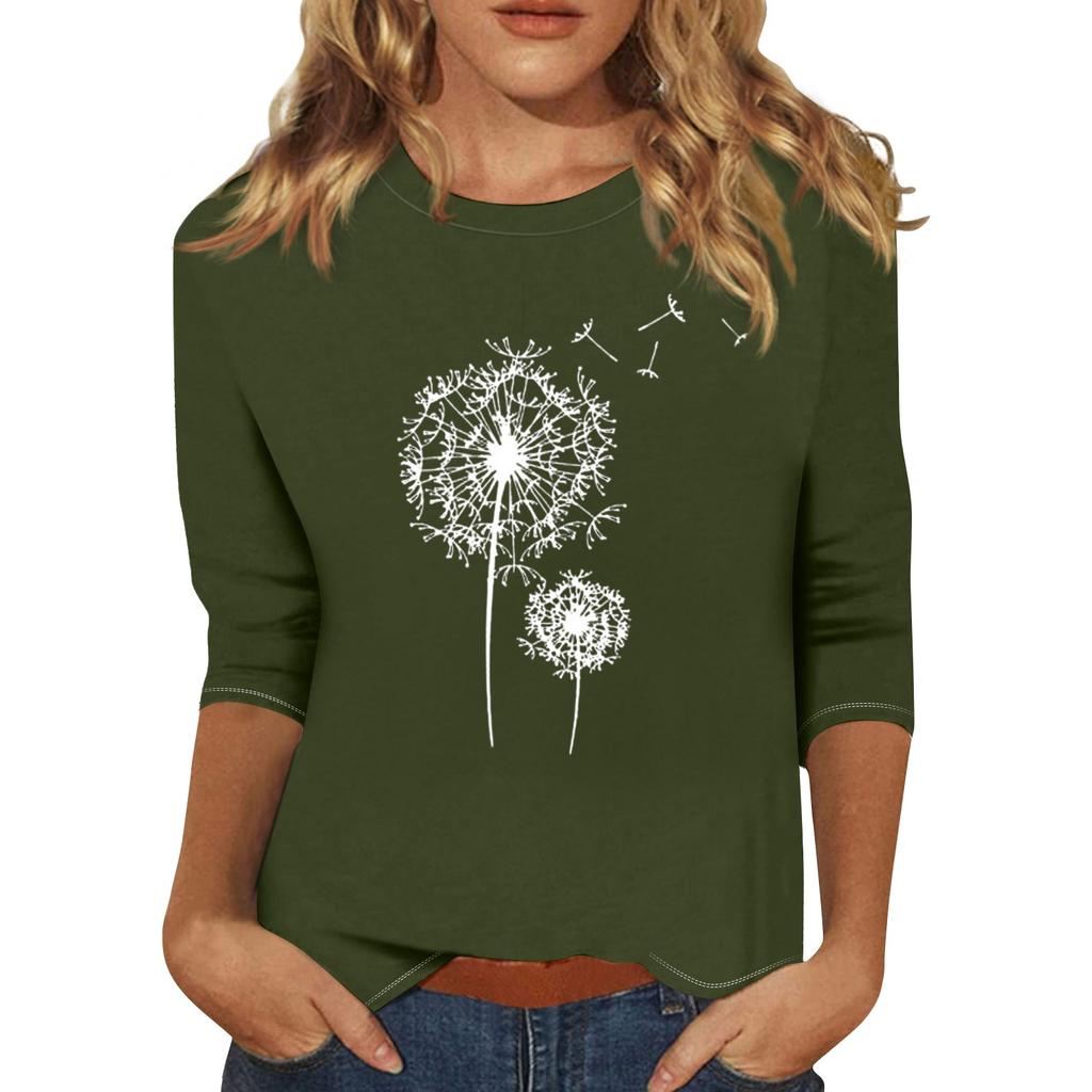 Women's Fashion Casual Round Neck 3/4 Sleeve Loose Printed T-Shirt Ladies Top