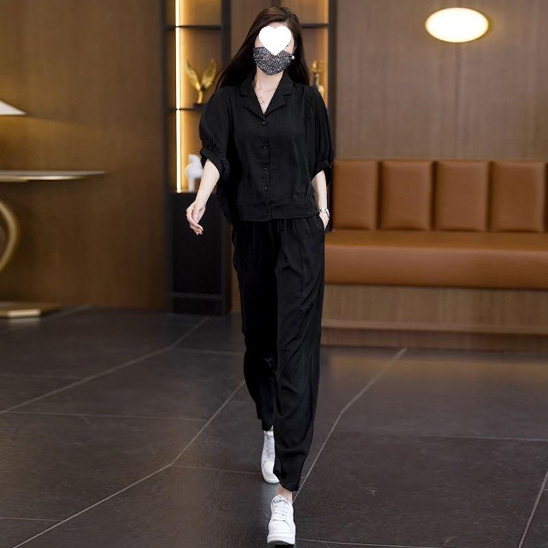 Real Shot of Large Size Western-style Suit for Women with Summer Fat MM Loose Top and Versatile Harem Pants Two-piece Set