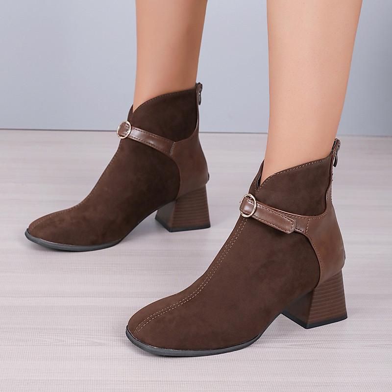 Chaussures et Bottes d'Automne et d'Hiver Grande Taille Tube Court Boucle de Ceinture Bout Carré Chaussures et Bottes pour Femmes