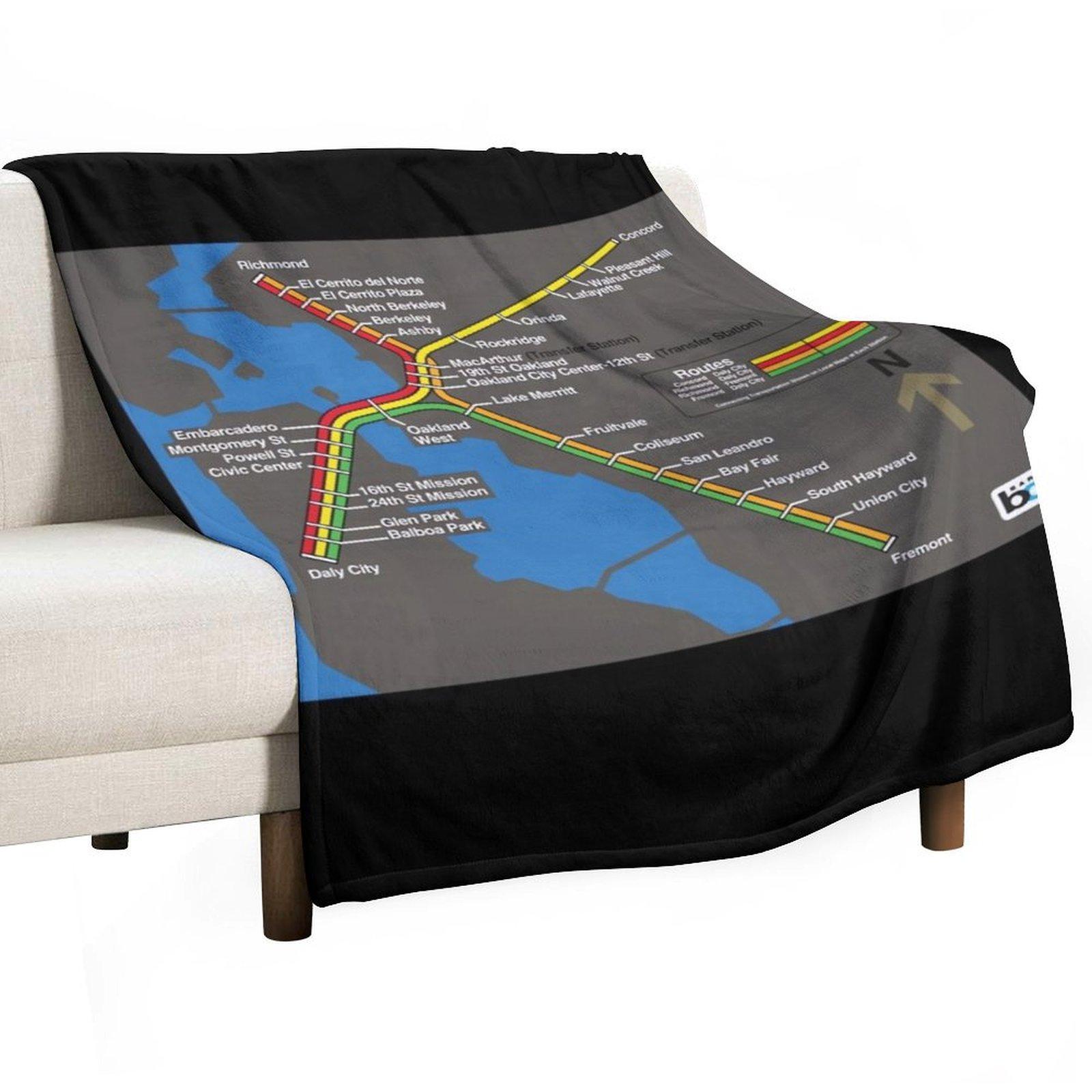 Retro Bay Area Rapid Transit Map Throw Blanket Travel Personalized Gift Soft Plaid Hairy Blankets 30x40in