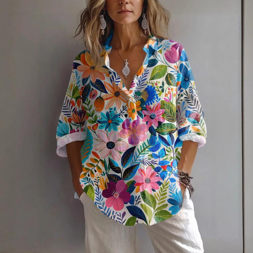 Women's Casual Spring And Summer Loose Printed Casual Sleeved Lapel Pullover Shirt