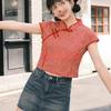Retro Red Grid Small Fresh Women's Summer Stand Up Collar Buckle Short Sleeved Slim Fit T-shirt