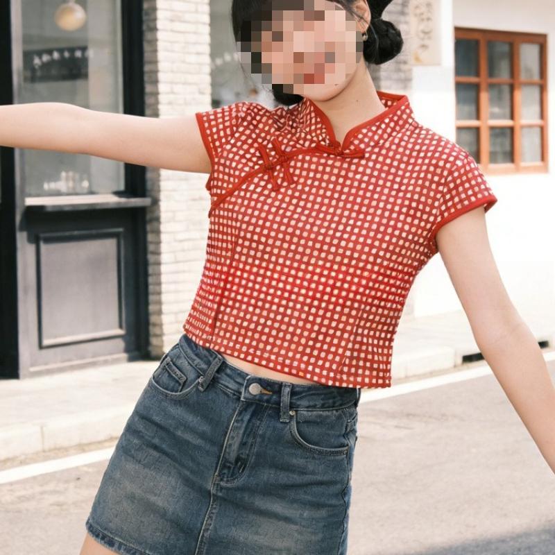 Retro Red Grid Small Fresh Women's Summer Stand Up Collar Buckle Short Sleeved Slim Fit T-shirt