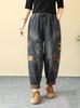Women Vintage Ethnic Embroidery Jeans Elastic Waist Loose Harem Cropped Denim Pants With Frog Buttons