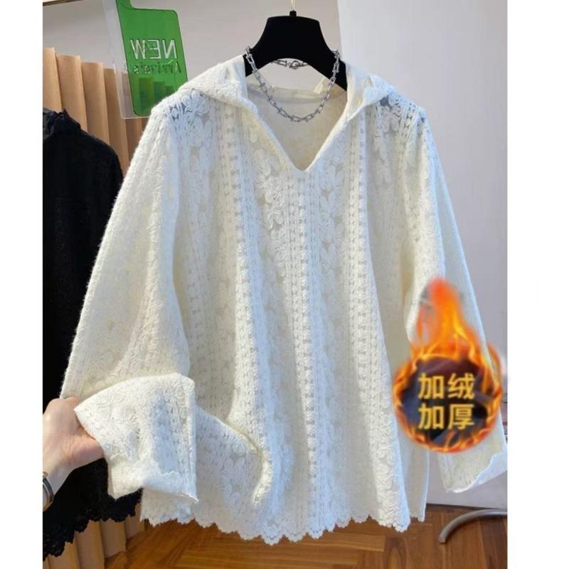

Белая ажурная вязаная флисовая кружевная рубашка для женской осенне-зимней коллекции, новая, свободного кроя, внутренняя, полированная, трикотажная базовая кофта 2XL
