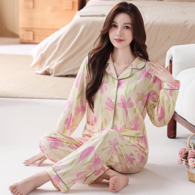 Plus Size Floral Pajama Set: Spring & Autumn, Long Sleeve, Comfortable Japanese Style for Middle-Aged Moms, Indoor/Outdoor Wear