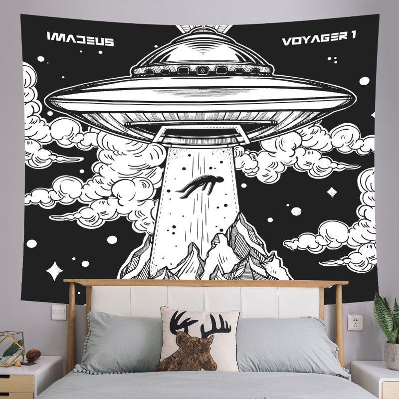 UFO Alien Abduction Black White Wall Tapestry Flying Saucer Beam Mountain Cloud Retro Sci Fi Space Extraterrestrial Decor