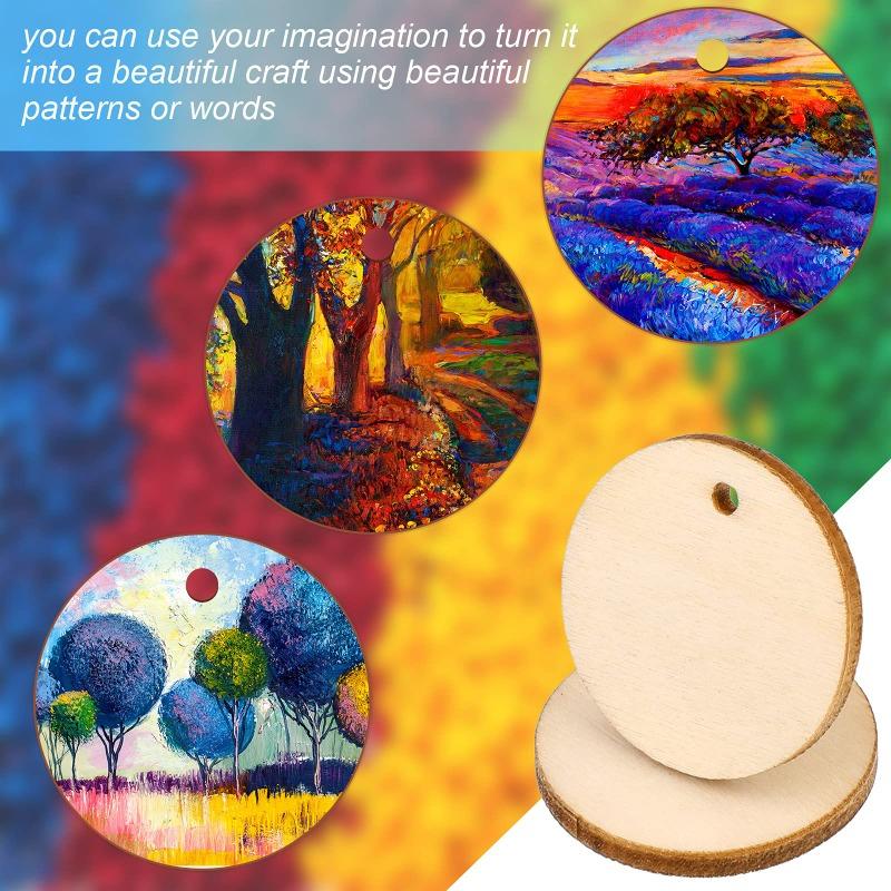 50pcs/pack Unfinished Blank Wood Round/Heart/Star Pendants Disc Wooden Pieces with Hole and Conneted Rings for DIY Craft Art