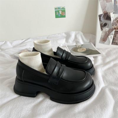 Spring New Wear-Resistant Platform Loafers Women's Slip-on Retro Spring and Autumn British Style Muffin Bottom Leather Shoes