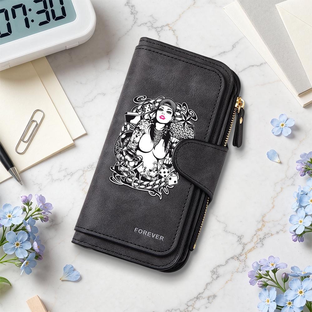 Gothic Tattoo Lady Print Long Wallet Fashionable Casual Portable Card Holder Purse
