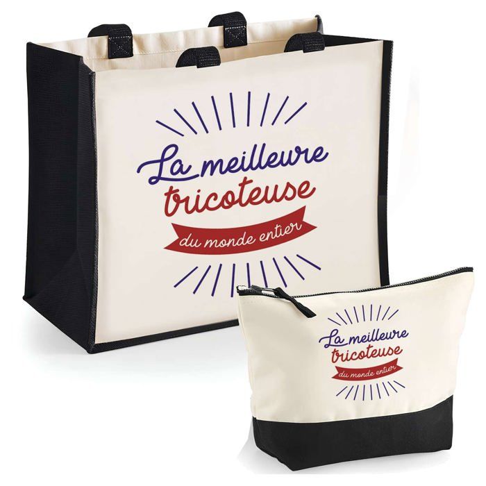Coffret cadeau - PLANETEE - Duo cabas & trousse 'Tricoteuse meilleure du Monde Entier' - Jute/Coton - DTF HD - Fabriqué en France