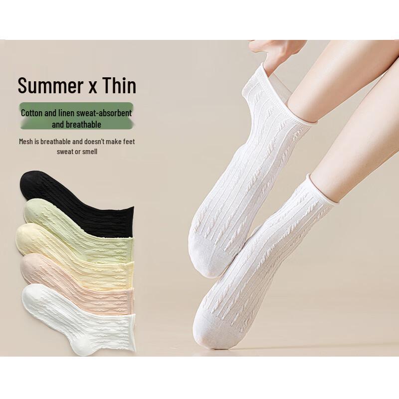 Qiansniao Women s Summer Cotton-Linen Cable Knit Mid-Calf Socks