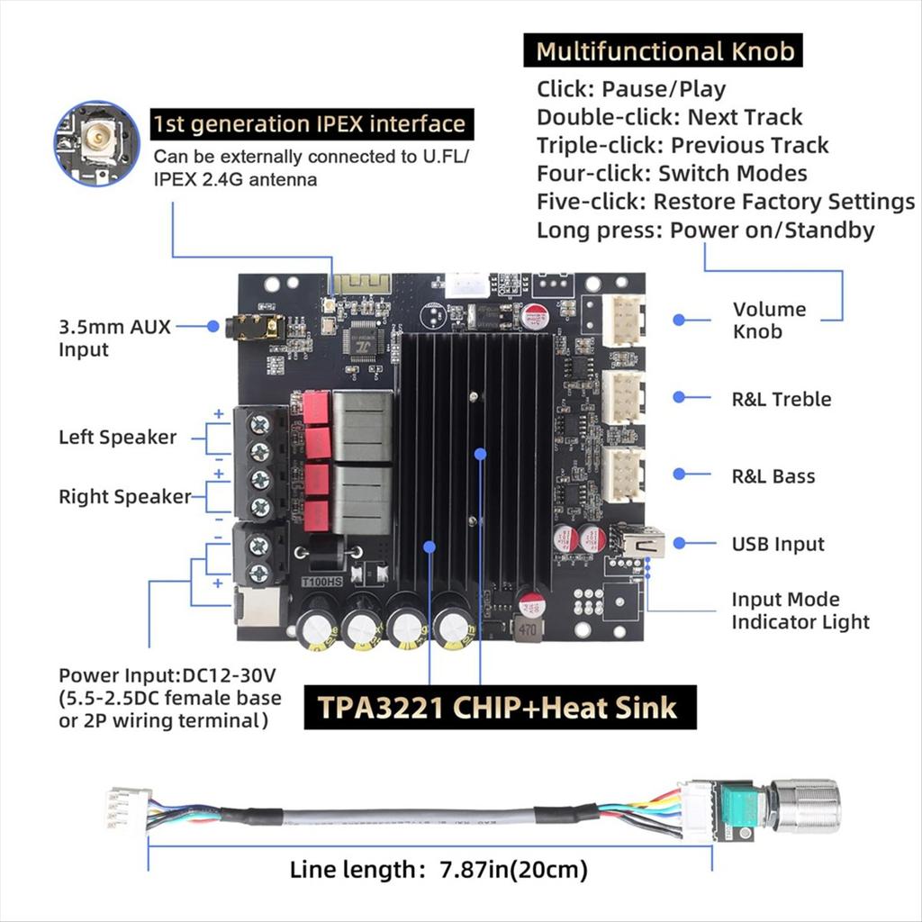 T100HS-W Power Amplifier Board Bluetooth5.2 TPA3221 Chip 2.0 Channel 100Wx2,Audio Power Amplifier with Front Panel
