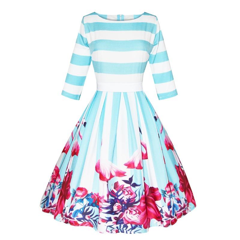 

Women s clothing supply retro big swing skirt round neck medium sleeve striped printed lace-up waist dress XXL