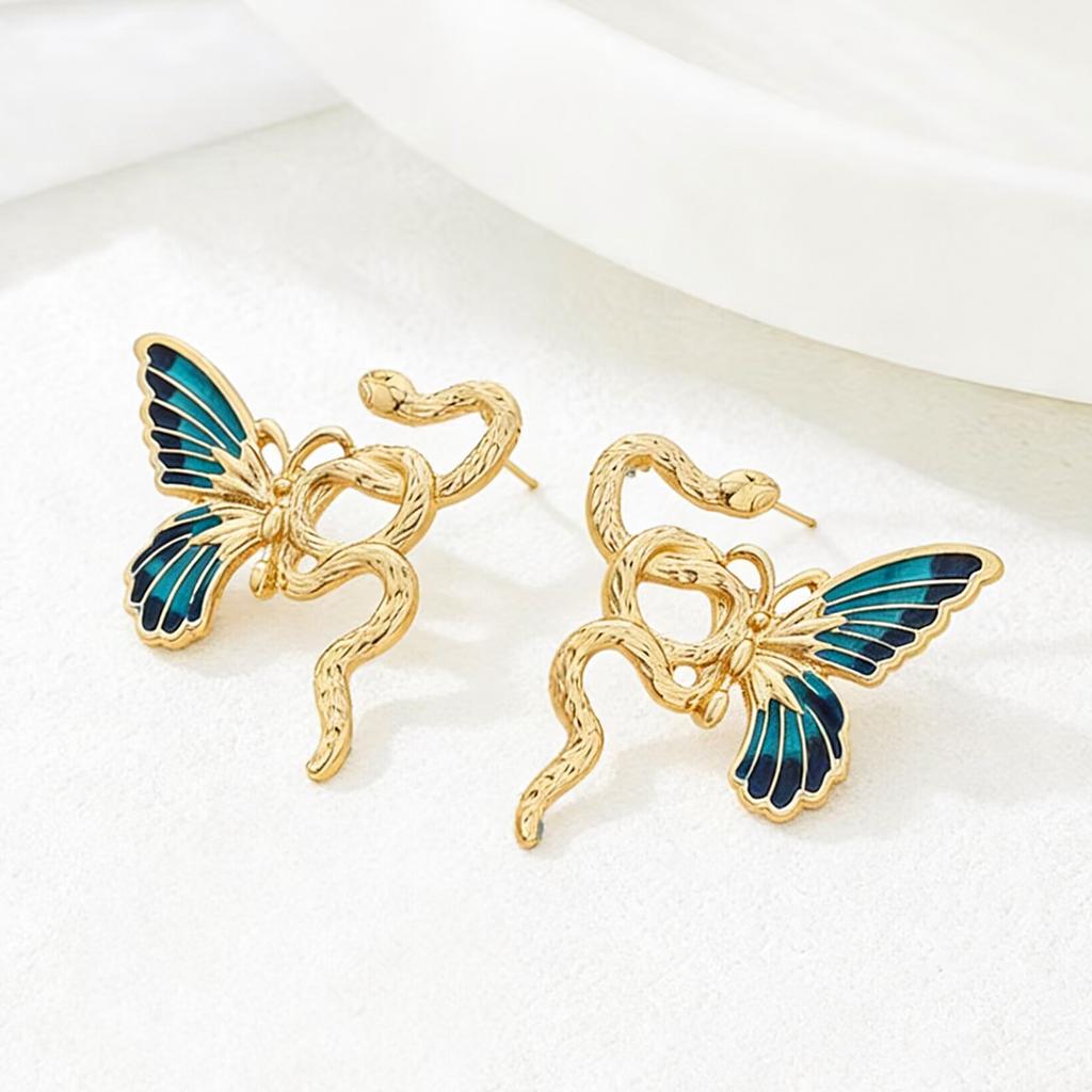 Sweet Butterfly Drip Oil Earrings for Women Snake Shape Creative Splicing Stud Earrings Exquisite Stylish Banquet Jewelry Gifts