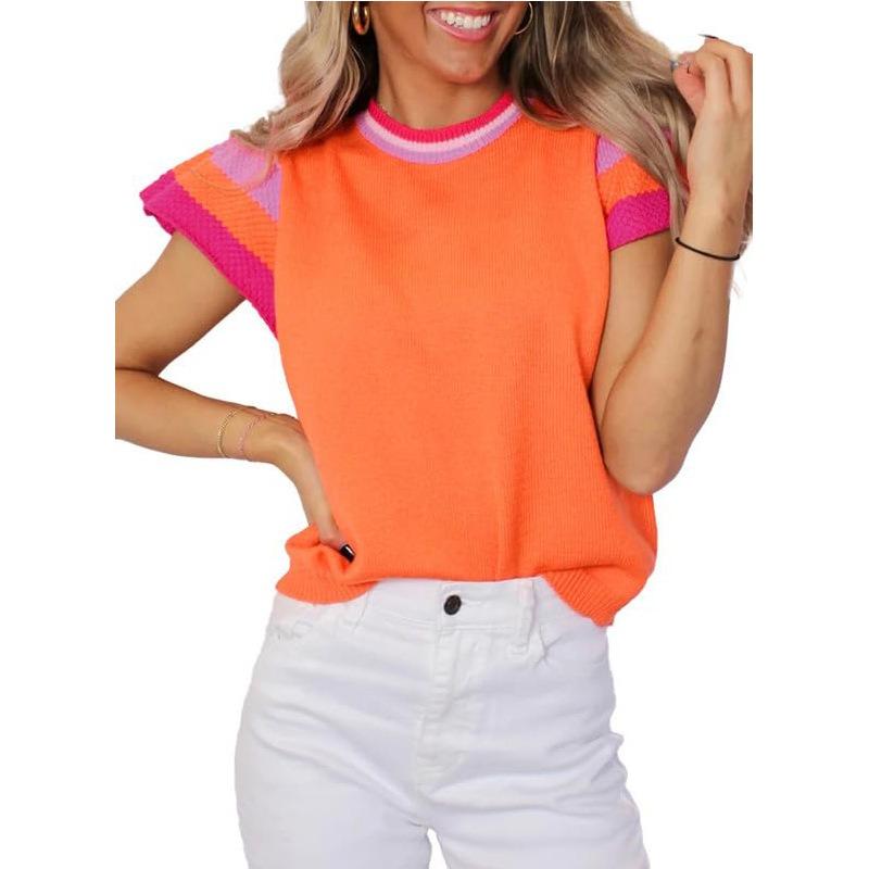 Women's Summer Round Neck Knit Top Clashing Colours Sweet Short Sleeve Sweater