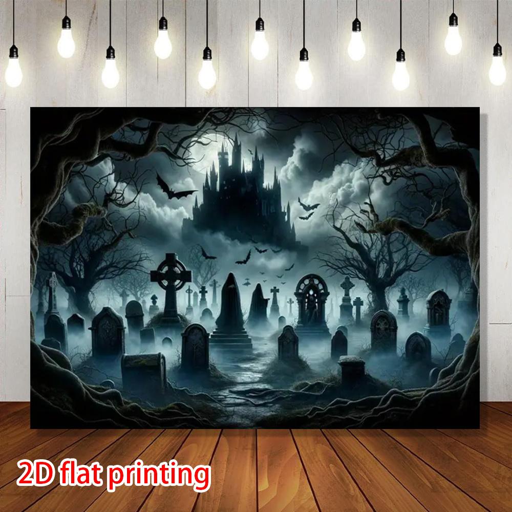 2D flat banner 1 Halloween party background banner eerie cemetery bats terrifying castle.PMJ