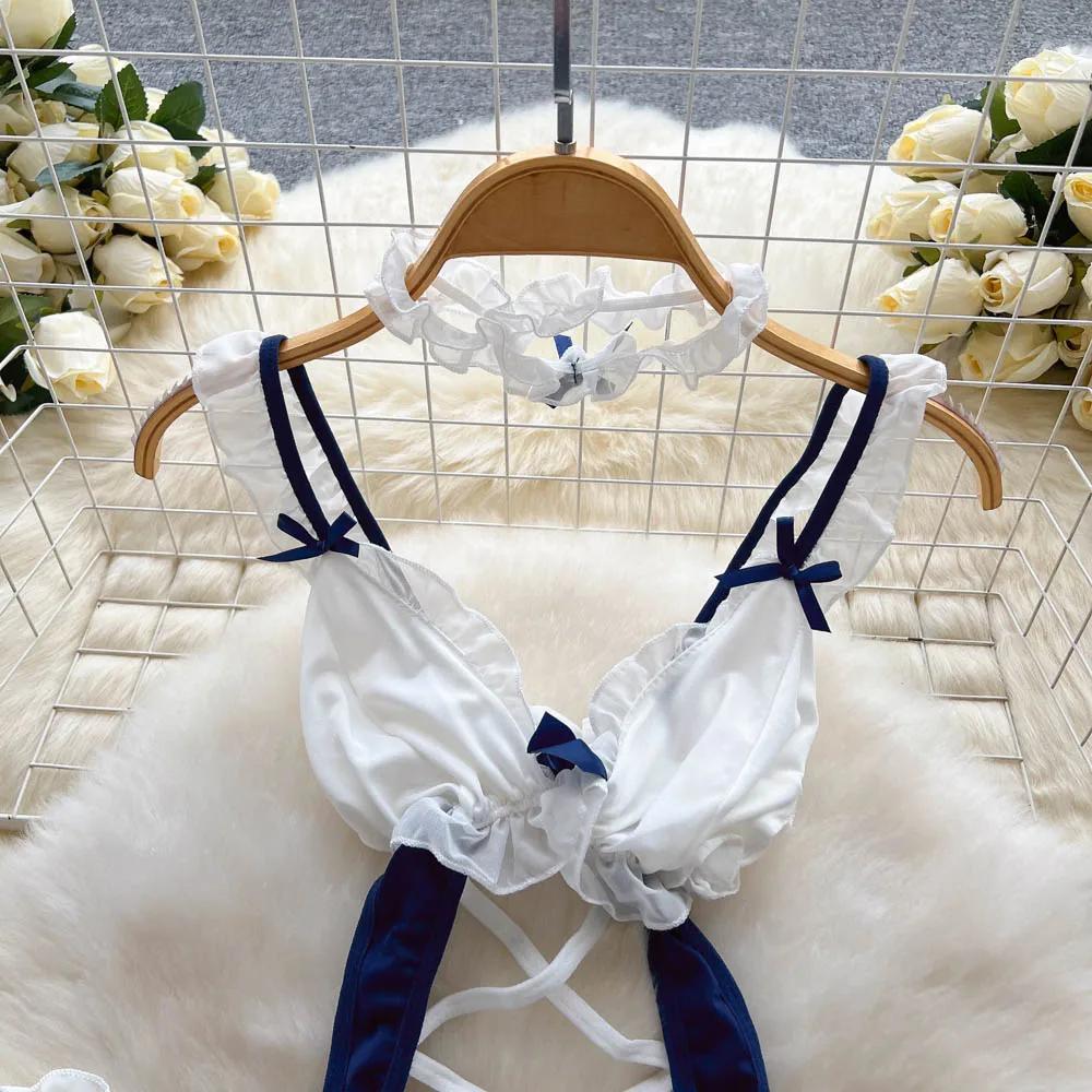 Cosplay Maid Uniform Sexy Bodysuits Women Ruffles Bow Hollow Out Slim Lingerie Female Open Crotch Erotic Jumpsuit Sets Jumpsuit