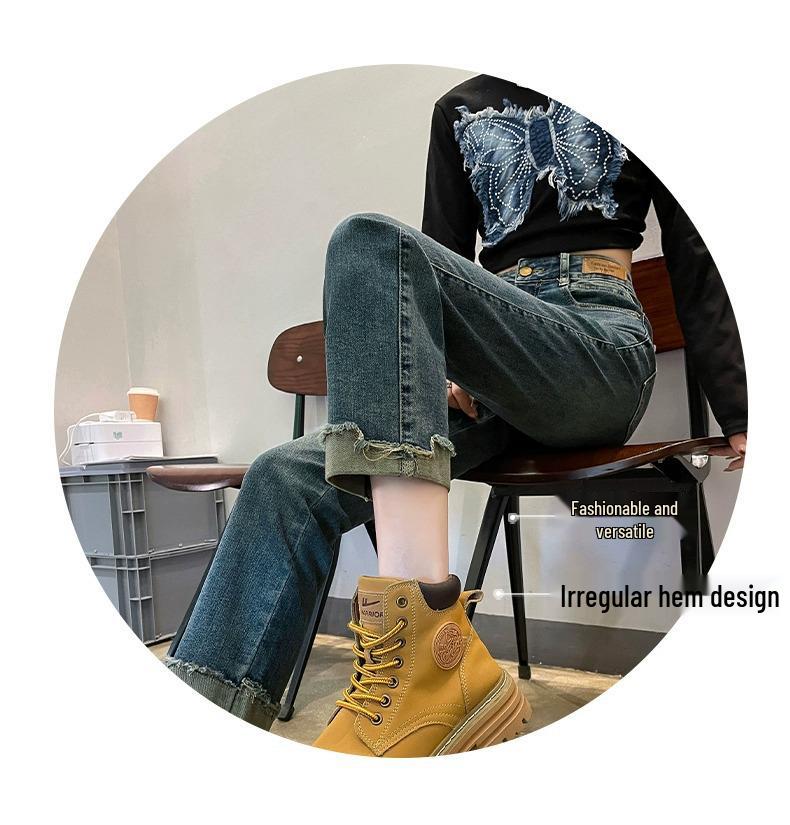 Women's High-Waisted Slim-Fit Straight-Leg Jeans - Petite Cropped Cigarette Pants for Autumn/Winter 2024