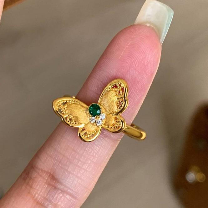 Xiaohongshu Bestseller: Retro Green Diamond Butterfly Ring - Elegant Niche Design Adjustable