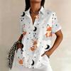 Simple and Personalized Cartoon Fox Print Summer Women's Plus Size Lapel Short Sleeved Shirt Fashionable Daily Versatile Top