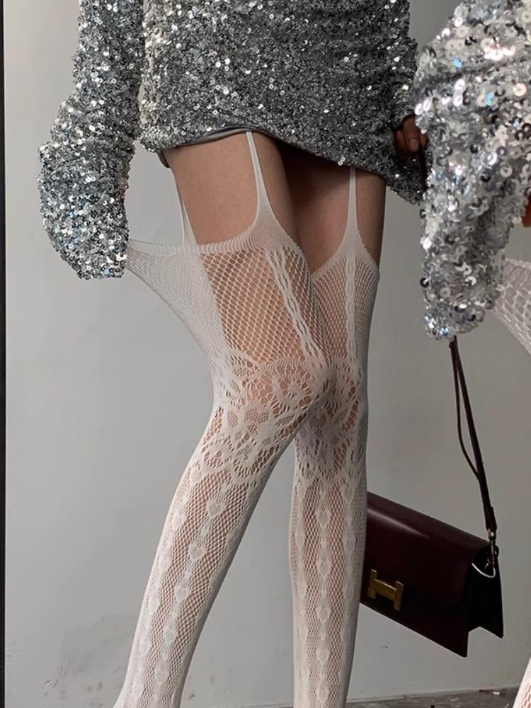 Yiran Sexy Lingerie Women's White Hollowed Out Lace Fishnet Suspender Socks Sexy Slim Nylon Mesh Thigh High Stockings Tights Open Crotch Pantyhose
